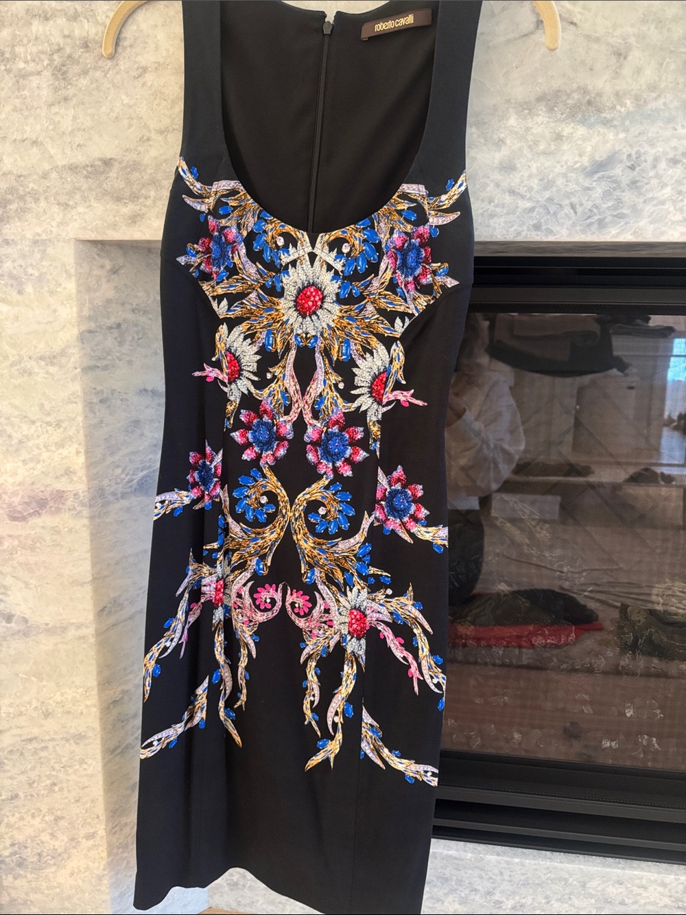 Roberto Cavalli Black Sheath Dress with Blue Pink and Gold Embroidery